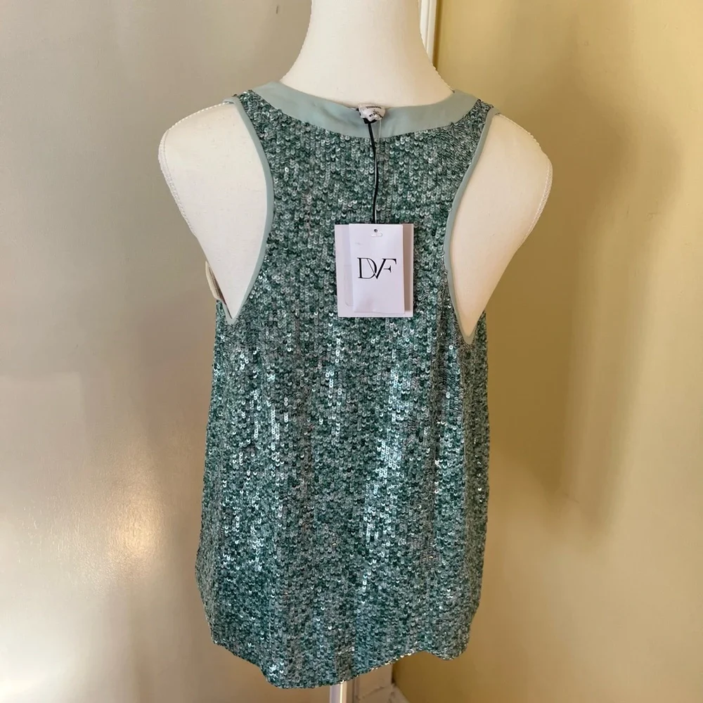 Diane Von Furstenberg Emilia Turquoise & Green Silk Marble Sequin Tank - Picture 7 of 16